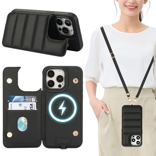 Aisenth Handyhülle mit Band für iPhone 12/iPhone 12 Pro, Stoßfest PU-Leder Brieftasche Klapphülle Schutzhülle mit [RFID Blocker] Kartenfach, Ständer, Crossbody Case für Frauen/Männer, Schwarz von Aisenth