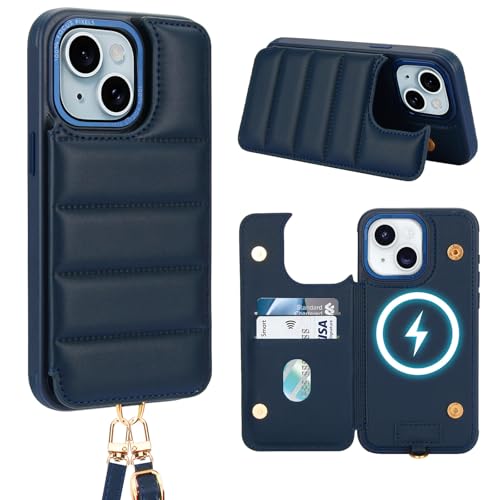 Aisenth Handyhülle mit Band für iPhone 13/iPhone 14, Stoßfest PU-Leder Brieftasche Klapphülle Schutzhülle mit [RFID Blocker] Kartenfach, Ständer, Crossbody Case für Frauen und Männer, Dunkelblau von Aisenth