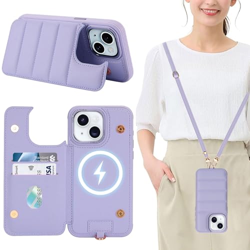 Aisenth Handyhülle mit Band für iPhone 13/iPhone 14, Stoßfest PU-Leder Brieftasche Klapphülle Schutzhülle mit [RFID Blocker] Kartenfach, Ständer, Crossbody Case für Frauen und Männer, Hellviolett von Aisenth