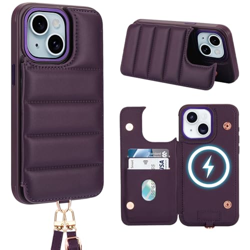 Aisenth Handyhülle mit Band für iPhone 13/iPhone 14, Stoßfest PU-Leder Brieftasche Klapphülle Schutzhülle mit [RFID Blocker] Kartenfach, Ständer, Crossbody Case für Frauen und Männer, Dunkelviolett von Aisenth