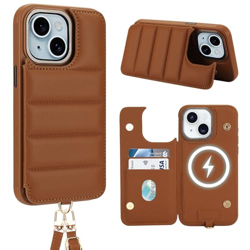 Aisenth Handyhülle mit Band für iPhone 13/iPhone 14, Stoßfest PU-Leder Brieftasche Klapphülle Schutzhülle mit [RFID Blocker] Kartenfach, Ständer, Crossbody Case für Frauen und Männer, Braun von Aisenth