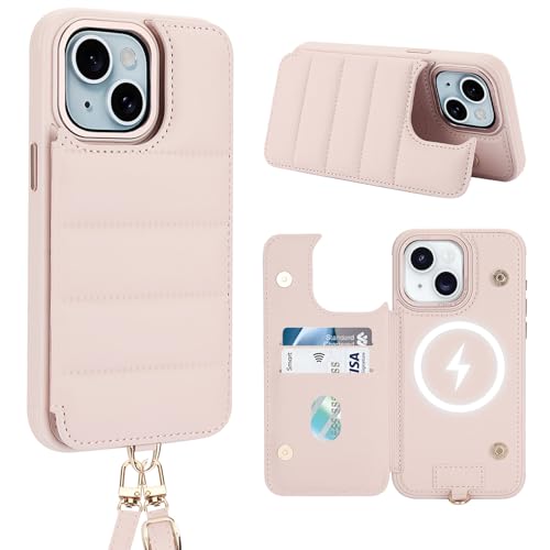 Aisenth Handyhülle mit Band für iPhone 13/iPhone 14, Stoßfest PU-Leder Brieftasche Klapphülle Schutzhülle mit [RFID Blocker] Kartenfach, Ständer, Crossbody Case für Frauen und Männer, Hellrosa von Aisenth
