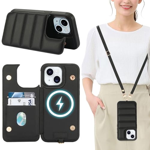 Aisenth Handyhülle mit Band für iPhone 13/iPhone 14, Stoßfest PU-Leder Brieftasche Klapphülle Schutzhülle mit [RFID Blocker] Kartenfach, Ständer, Crossbody Case für Frauen und Männer, Schwarz von Aisenth