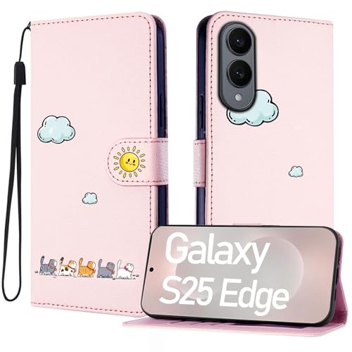 Aisenth Klapphülle für Samsung S25 Edge Hülle - Lederhülle mit Kartenfach Ständer Magnetisch Brieftasche Tasche Stoßfest Schutzhülle Flip Case Kompatibel mit Galaxy S25 Edge Handyhülle Katzen - Rosa von Aisenth