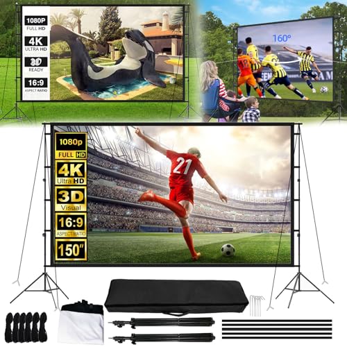 Leinwand Beamer, 150 Zoll /3.3 * 1.87M Projektionsleinwand mit Faltbarem Standfuß HD 16:9 4K 1080P Tragbare Filmleinwand mit Tragetasche Höhenverstellbar für Heimkino Büro Präsentation oder Schule von Aisny
