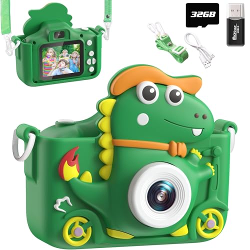 Kinderkamera Dinosaurier, Kinder Kamera 2" Display 1080P, Selfie Digitalkamera Kinder mit 32GB, Fotokamera Kinder für 3 4 5 6 7 8 9 10 11 12 Jahre Jungen und Mädchen Geschenke Spielzeug (Grün) von Aissom
