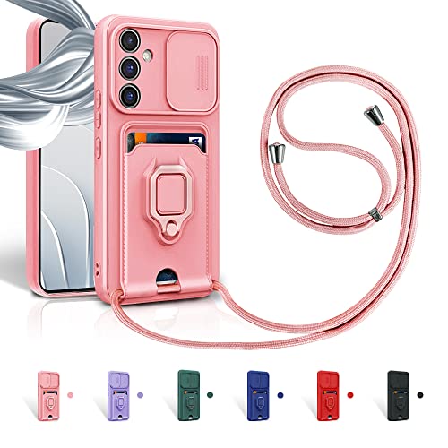 Aithne Case für Samsung Galaxy A13 5G/A04S Handykette Hüll,Slide kameraschutz,Silikon Handyhülle zum Umhängen Kette,360 Grad Ringhalter Stand Kartenfach-Pink von Aithne