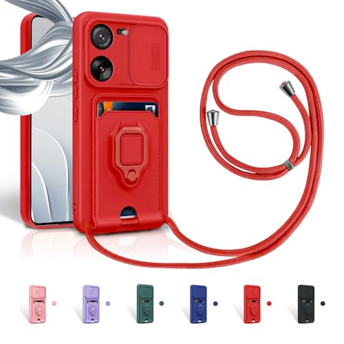 Aithne Case für Xiaomi Mi 13T/13T Pro Handykette Hüll,Slide kameraschutz,Silikon Handyhülle zum Umhängen Kette,360 Grad Ringhalter Stand Kartenfach-Rot von Aithne