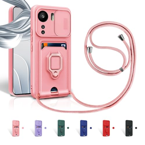 Aithne Case für Xiaomi Poco C65/Redmi 13C Handykette Hüll,Slide kameraschutz,Silikon Handyhülle zum Umhängen Kette,360 Grad Ringhalter Stand Kartenfach-Pink von Aithne