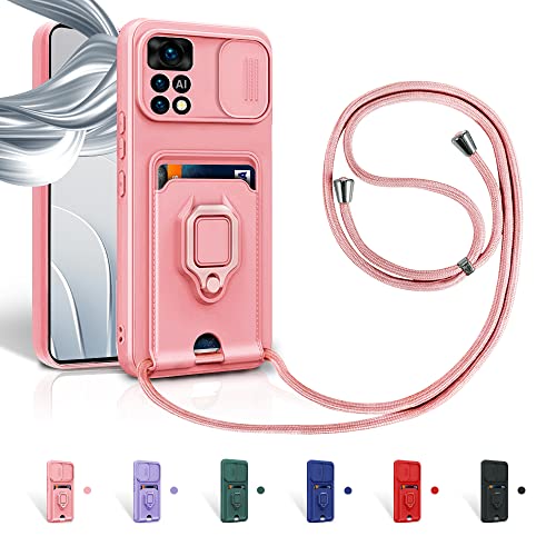 Aithne Case für Xiaomi Poco M4 Pro 5G/ Redmi Note 11S 5G Handykette Hüll,Slide kameraschutz,Silikon Handyhülle zum Umhängen Kette,360 Grad Ringhalter Stand Kartenfach-Pink von Aithne