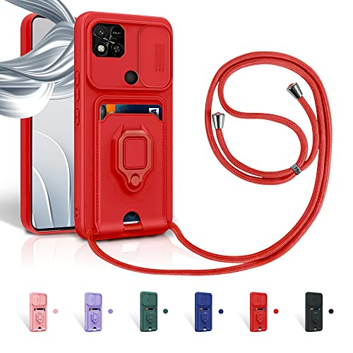 Aithne Case für Xiaomi Redmi 10A / 9C / 9C NFC/Poco C31 Handykette Hüll,Slide kameraschutz,Silikon Handyhülle zum Umhängen Kette,360 Grad Ringhalter Stand Kartenfach-Rot von Aithne
