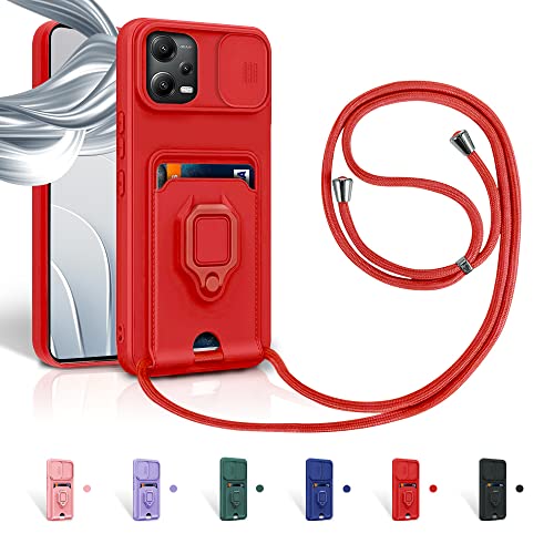Aithne Case für Xiaomi Redmi Note 12 Pro 5G / Poco X5 Pro 5G Handykette Hüll,Slide kameraschutz,Silikon Handyhülle zum Umhängen Kette,360 Grad Ringhalter Stand Kartenfach-Rot von Aithne
