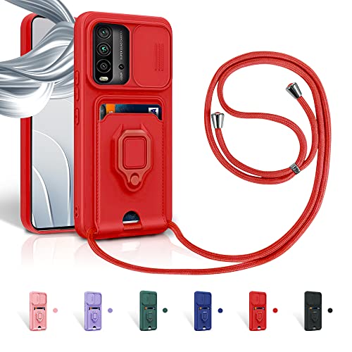Aithne Case für Xiaomi Redmi Note 9 4G/Redmi 9T/Redmi 9 Power/Poco M3 Handykette Hüll,Slide kameraschutz,Silikon Handyhülle zum Umhängen Kette,360 Grad Ringhalter Stand Kartenfach-Rot von Aithne