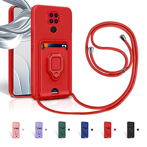 Aithne Case für Xiaomi Redmi Note 9 Handykette Hüll,Silikon Handyhülle zum Umhängen Kette,360 Grad Ringhalter Stand Kartenfach-Rot von Aithne