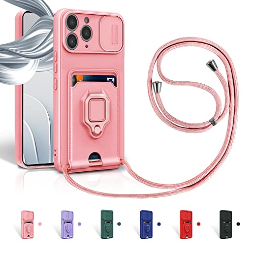 Aithne Case für iPhone 11 Pro Handykette Hüll,Slide kameraschutz,Silikon Handyhülle zum Umhängen Kette,360 Grad Ringhalter Stand Kartenfach-Pink von Aithne