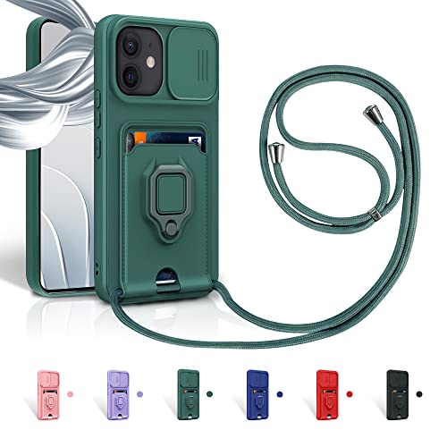 Aithne Case für iPhone 12 / iPhone 12 Pro Handykette Hüll,Slide kameraschutz,Silikon Handyhülle zum Umhängen Kette,360 Grad Ringhalter Stand Kartenfach-Grün von Aithne