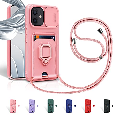 Aithne Case für iPhone 12 / iPhone 12 Pro Handykette Hüll,Slide kameraschutz,Silikon Handyhülle zum Umhängen Kette,360 Grad Ringhalter Stand Kartenfach-Pink von Aithne