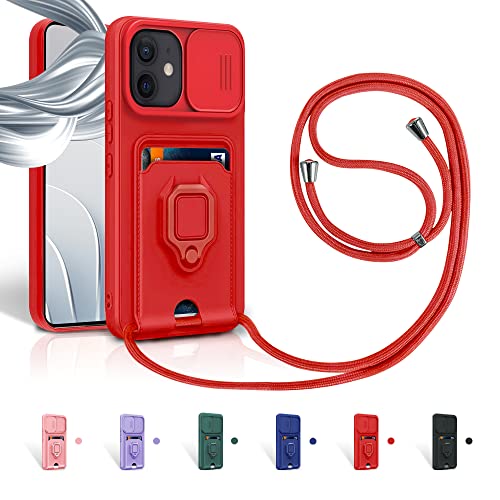 Aithne Case für iPhone 12 / iPhone 12 Pro Handykette Hüll,Slide kameraschutz,Silikon Handyhülle zum Umhängen Kette,360 Grad Ringhalter Stand Kartenfach-Rot von Aithne