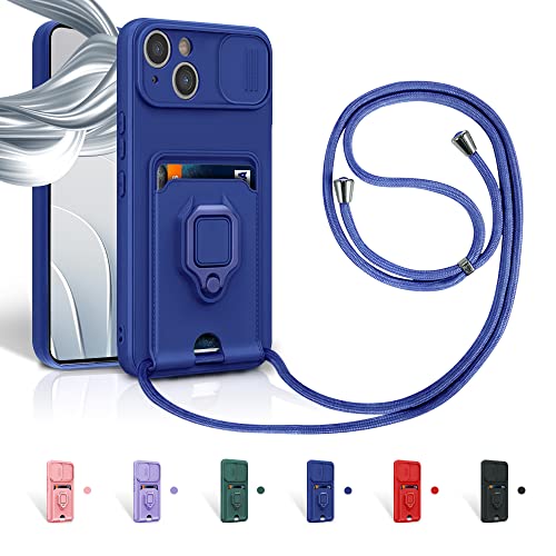 Aithne Case für iPhone 13 Handykette Hüll,Slide kameraschutz,Silikon Handyhülle zum Umhängen Kette,360 Grad Ringhalter Stand Kartenfach-Blau von Aithne