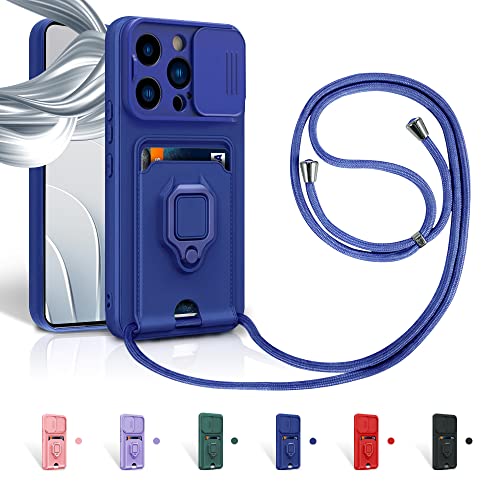 Aithne Case für iPhone 13 Pro Max Handykette Hüll,Slide kameraschutz,Silikon Handyhülle zum Umhängen Kette,360 Grad Ringhalter Stand Kartenfach-Blau von Aithne