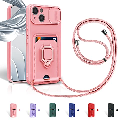 Aithne Case für iPhone 14 Handykette Hüll,Slide kameraschutz,Silikon Handyhülle zum Umhängen Kette,360 Grad Ringhalter Stand Kartenfach-Pink von Aithne