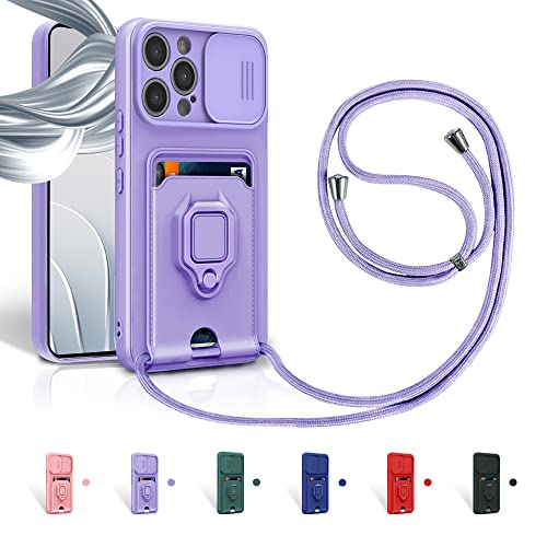 Aithne Case für iPhone 14 Pro Handykette Hüll,Slide kameraschutz,Silikon Handyhülle zum Umhängen Kette,360 Grad Ringhalter Stand Kartenfach-Lila von Aithne