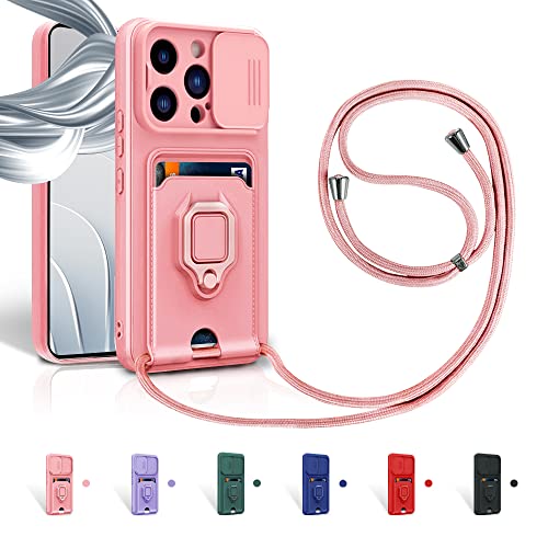 Aithne Case für iPhone 14 Pro Max Handykette Hüll,Slide kameraschutz,Silikon Handyhülle zum Umhängen Kette,360 Grad Ringhalter Stand Kartenfach-Pink von Aithne