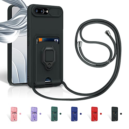 Aithne Case für iPhone 8 Plus/7 Plus/iPhone 6s Plus/6 Plus Handykette Hüll,Slide kameraschutz,Silikon Handyhülle zum Umhängen Kette,360 Grad Ringhalter Stand Kartenfach-Schwarz von Aithne