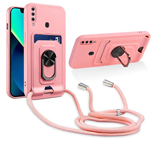 Aithne Handykette Hülle kompatibel mit Samsung Galaxy A20S, 360 Grad Ringhalter Stand [Kartenfach] mit Kordel zum Umhängen Silikon Schutzhülle - Pink von Aithne