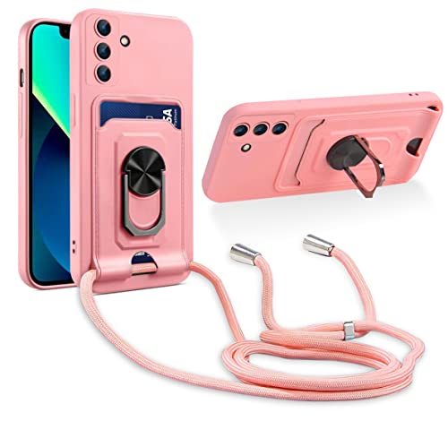 Aithne Handykette Hülle kompatibel mit Samsung Galaxy A34 5G, 360 Grad Ringhalter Stand [Kartenfach] mit Kordel zum Umhängen Silikon Schutzhülle - Pink von Aithne