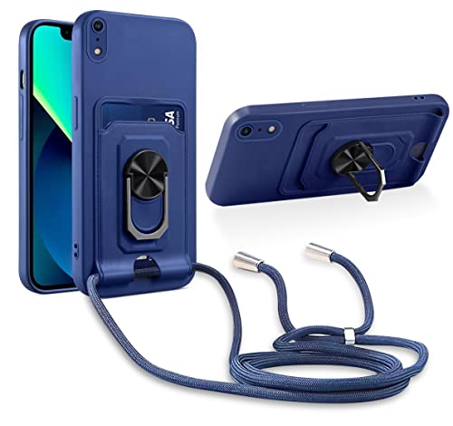 Aithne Handykette Hülle kompatibel mit iPhone XR, 360 Grad Ringhalter Stand [Kartenfach] mit Kordel zum Umhängen Silikon Schutzhülle - Blau von Aithne