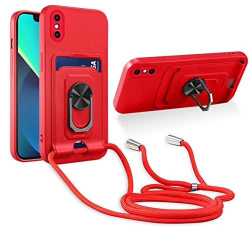 Aithne Handykette Hülle kompatibel mit iPhone XS Max, 360 Grad Ringhalter Stand [Kartenfach] mit Kordel zum Umhängen Silikon Schutzhülle - Rot von Aithne
