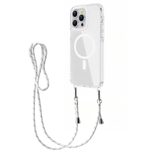 Aithne Magnetische Handykette für iPhone 15 Pro Max mit Band [Kompatibel mit MagSafe] Kameraschutz,Abnehmbar Kordel zum Umhängen Handyhülle Schutzhülle, Kratzfeste Rückseite, Weiß von Aithne