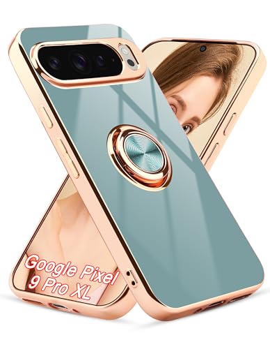 Aitipy Hülle für Google Pixel 9 / Pixel 9 Pro, mit 360° Drehring, Magnetständer Stoßfestes Gehäuse mit luxuriösem Glanz Finish und Elektroplattierung, Grau/Gold von Aitipy