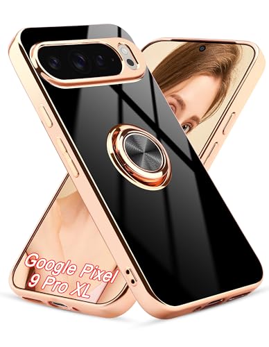 Aitipy Hülle für Google Pixel 9 Pro XL, mit 360° Drehring, Magnetständer Stoßfestes Gehäuse mit luxuriösem Glanz Finish und Elektroplattierung, Schwarz/Gold von Aitipy