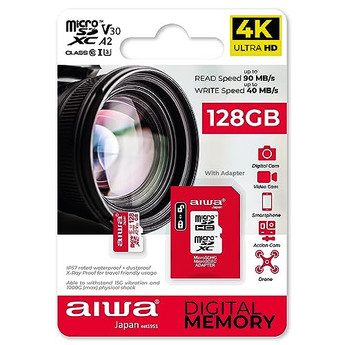 AIWA MSDV30-128GB, Micro-SD-Karte MSDV30, 128 GB, microSDXC, mit Adapter U3, A2, SDXC, IP57, 90 Mbps von Aiwa