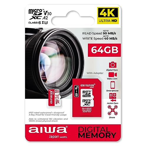 AIWA MSDV30 64GB MICROSDXC Class 10 Class U3 UHS Speicherkarte mit Adapter U3 A2 SDXC IP57 90Mbps von Aiwa