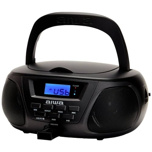 Aiwa BBTU-300BKMKII Tragbarer CD-Player, CD-Radio (FM-Radio, Hyperbass-Technologie, Audio-Eingang, Bluetooth, USB), Farbe: Schwarz von Aiwa