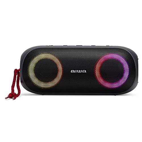 Aiwa BST-650 TWS Bluetooth Lautsprecher kompakt, langlebig und leistungsstark mit Hyper BASS Technologie, (2 x 12W Power, RGB LED Beleuchtung mit 9 Modi, Kartenleser, wasserdicht) Farbe: schwarz von Aiwa