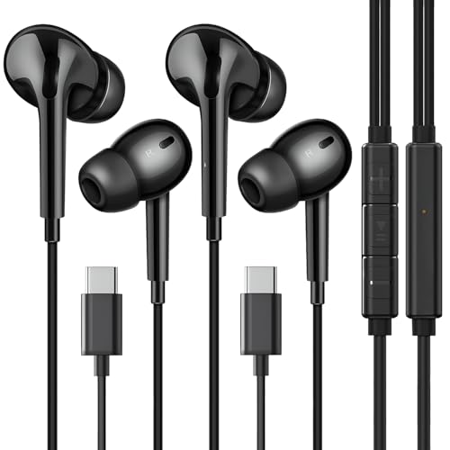 Aiwgyibo USB C Kopfhörer für Galaxy S24 (2 Pack), USB C kabelgebundene Kopfhörer mit Mikrofon und Line-Control, Type C Stereo HiFi Kopfhörer für Galaxy S23/S22/21 (Schwarz) von Aiwgyibo