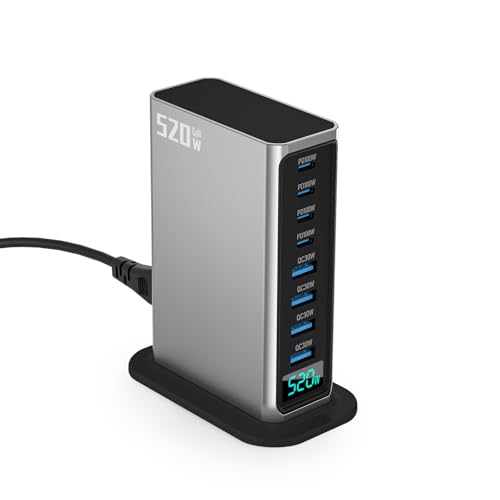 USB C ladegerät mit 4X Type-C & 4X USB-A Anschlüssen, 520W Max Output, Schnellladefunktion,USB c ladegerät– Ideal für snmsung iPhone Smartphones, Tablets & Laptops (Silver) von Aiworthy