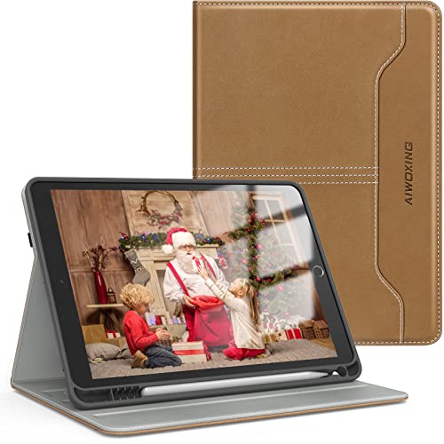 AIWOXING Hülle für iPad 10,2 Zoll (9. / 8. / 7. Generation - 2021/2020/2019), Leder Case TPU Schutzhülle Cover mit Pencil Stifthalter, Ständer, Kartensteckplatz, Auto Schlafen/Wachen, Braun von Aiwoxing