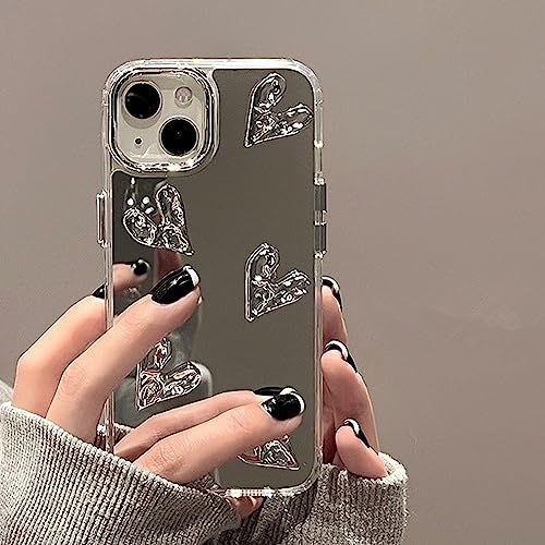 aiyaya Niedliche silberne 3D-Herz-trendige Spiegel-Handyhülle für iPhone 14 Hülle für Teenager Mädchen Frauen - 6,1 Zoll von Aiyaya
