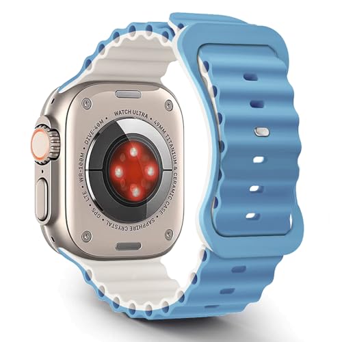 Aizgalxor Ocean Armband Kompatibel mit Apple Watch Ultra 2 49/45/44/42mm, Sport Silikon Ersatzarmbänder Kompatibel für iWatch Series 9/8/7/6/5/4/3/2/1/SE (49/45/44/42mm, Blau/Sternlicht) von Aizgalxor