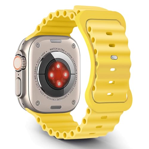 Aizgalxor Ocean Armband Kompatibel mit Apple Watch Ultra 2 49/45/44/42mm, Sport Silikon Ersatzarmbänder Kompatibel für iWatch Series 9/8/7/6/5/4/3/2/1/SE (49/45/44/42mm, Gelb) von Aizgalxor