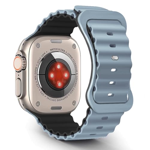 Aizgalxor Ocean Armband Kompatibel mit Apple Watch Ultra 2 49/45/44/42mm, Sport Silikon Ersatzarmbänder Kompatibel für iWatch Series 9/8/7/6/5/4/3/2/1/SE (49/45/44/42mm, Grau/Schwarz) von Aizgalxor