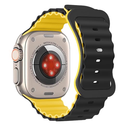 Aizgalxor Ocean Armband Kompatibel mit Apple Watch Ultra 2 49/45/44/42mm, Sport Silikon Ersatzarmbänder Kompatibel für iWatch Series 9/8/7/6/5/4/3/2/1/SE (49/45/44/42mm, Schwarz/Gelb) von Aizgalxor