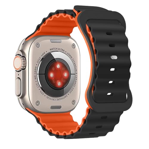 Aizgalxor Ocean Armband Kompatibel mit Apple Watch Ultra 2 49/45/44/42mm, Sport Silikon Ersatzarmbänder Kompatibel für iWatch Series 9/8/7/6/5/4/3/2/1/SE (49/45/44/42mm, Schwarz/Orange) von Aizgalxor