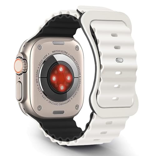 Aizgalxor Ocean Armband Kompatibel mit Apple Watch Ultra 2 49/45/44/42mm, Sport Silikon Ersatzarmbänder Kompatibel für iWatch Series 9/8/7/6/5/4/3/2/1/SE (49/45/44/42mm, Weiß/Schwarz) von Aizgalxor