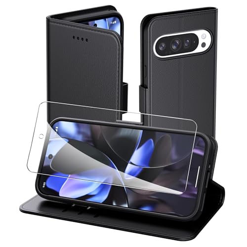 Aiziki Handyhülle für Google Pixel 9/9 Pro Tasche+1pc panzerglas, RFID Leder Klappbar Schutzhülle Tasche Wallet Brieftasche Cover Flip Case Kompatibel mit Google Pixel 9/9 Pro Hülle -Schwarz von Aiziki
